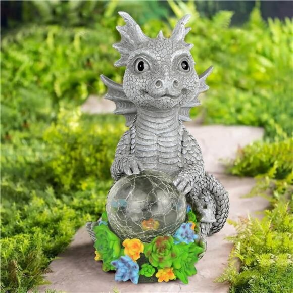 Solar Garden Outdoor Statues Dragon Holding Magic Orb with Solar LED Lights - Picture 2 of 7